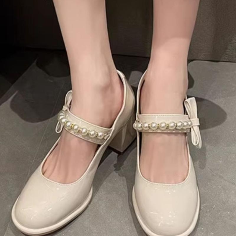 Mode 2025 Nieuwe Luxe Platform Kralen Strik Bruiloft Dating Schoenen Lente Dames Mary Janes Pumps Ronde Neus Blokhakken
