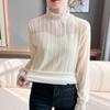 Fleece Lined Brushed Lace Shirt Base Layer Autumn Winter Striped Flocking Versatile Top Sweater Inner Mesh