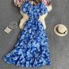 Retro Floral Chiffon Slimming Dress: Women's Summer Puff Short Sleeve High-End Vacation Cake Dress