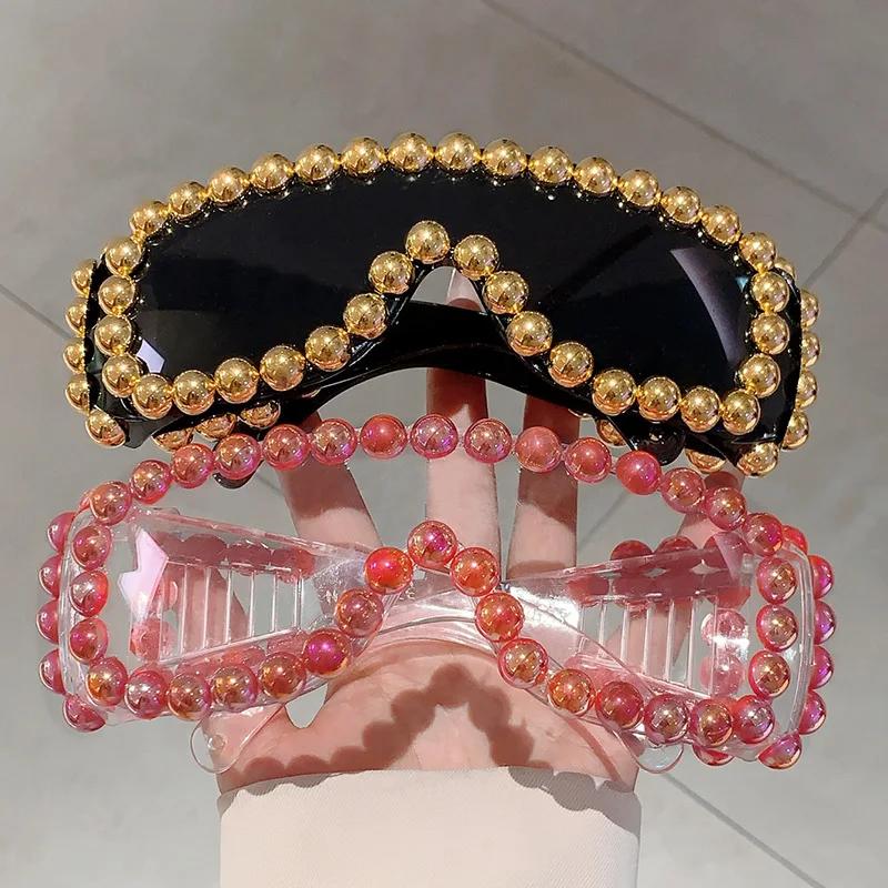 Vintage Brand Designer Oversized Square Pearl Sunglasses Women For Men Popular Luxury Sun Glasses Punk Big Frame Rimless Eyewear