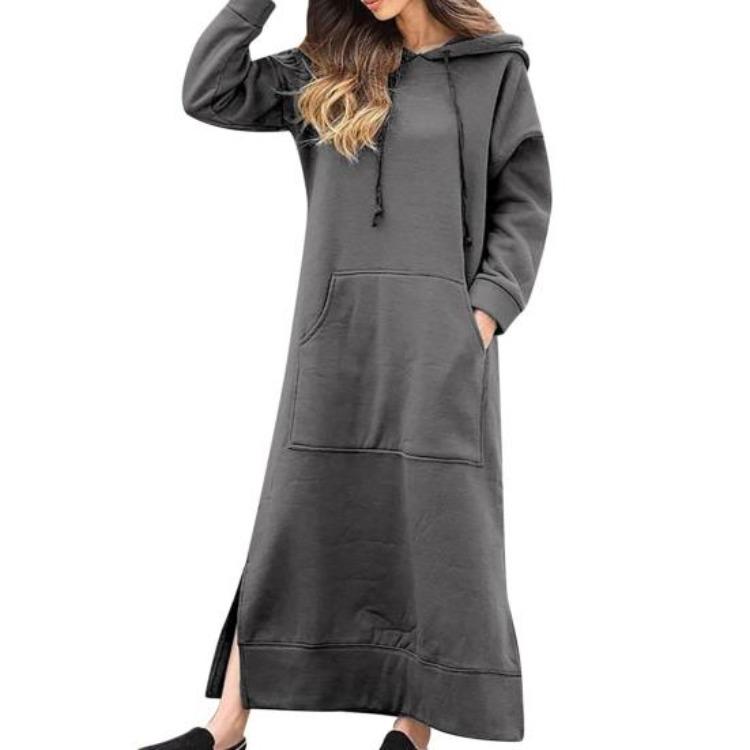 Women Sweatshirt Dress Hooded Solid Color Long Sleeve Front Drawstring Autumn Winter