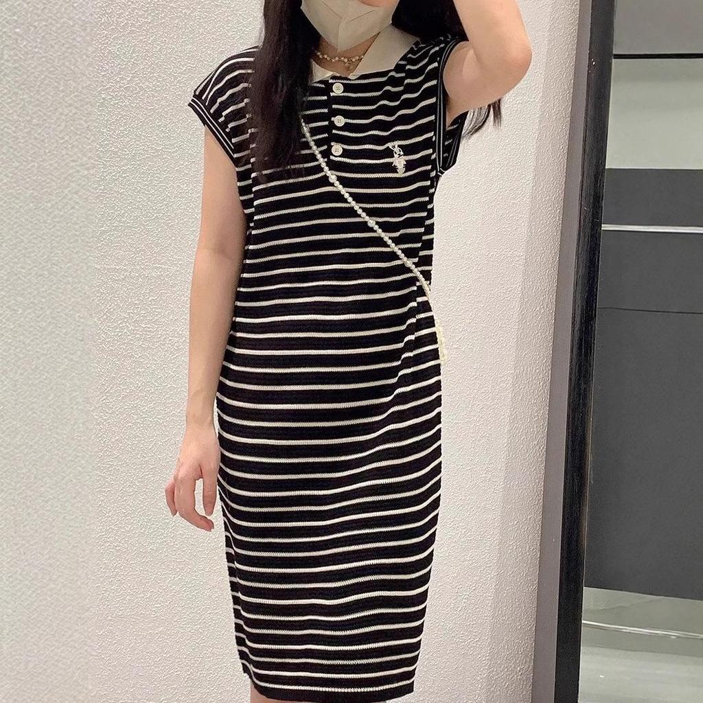 Women's Summer Striped Sleeveless Knitted Polo Collar Dress