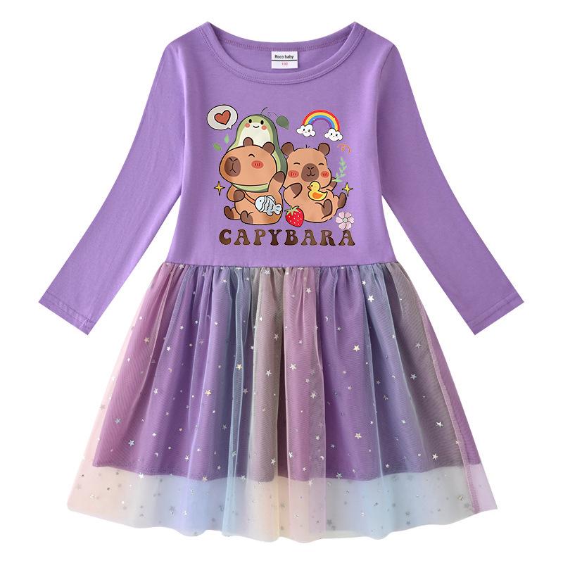 Korean Style Girls' Princess Dress with Rainbow Sequins, Mesh Pleats, and Stars - Short and Long Sleeve Options for Spring, Summer, and Autumn.