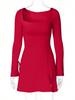 European & American Style Red Square Neck Dress for Women - Autumn/Winter High Waist, Versatile A-line with Slit