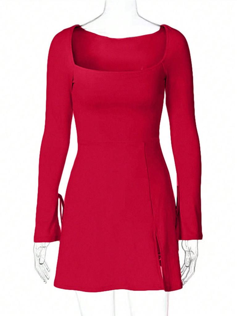European & American Style Red Square Neck Dress for Women - Autumn/Winter High Waist, Versatile A-line with Slit