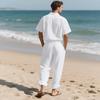 Męskie casualowe bawełniane lniane dwuczęściowe zestawy plażowe vintage podstawowe koszule i spodnie jednolity kolor casualowy garnitur męski hawajski dres
