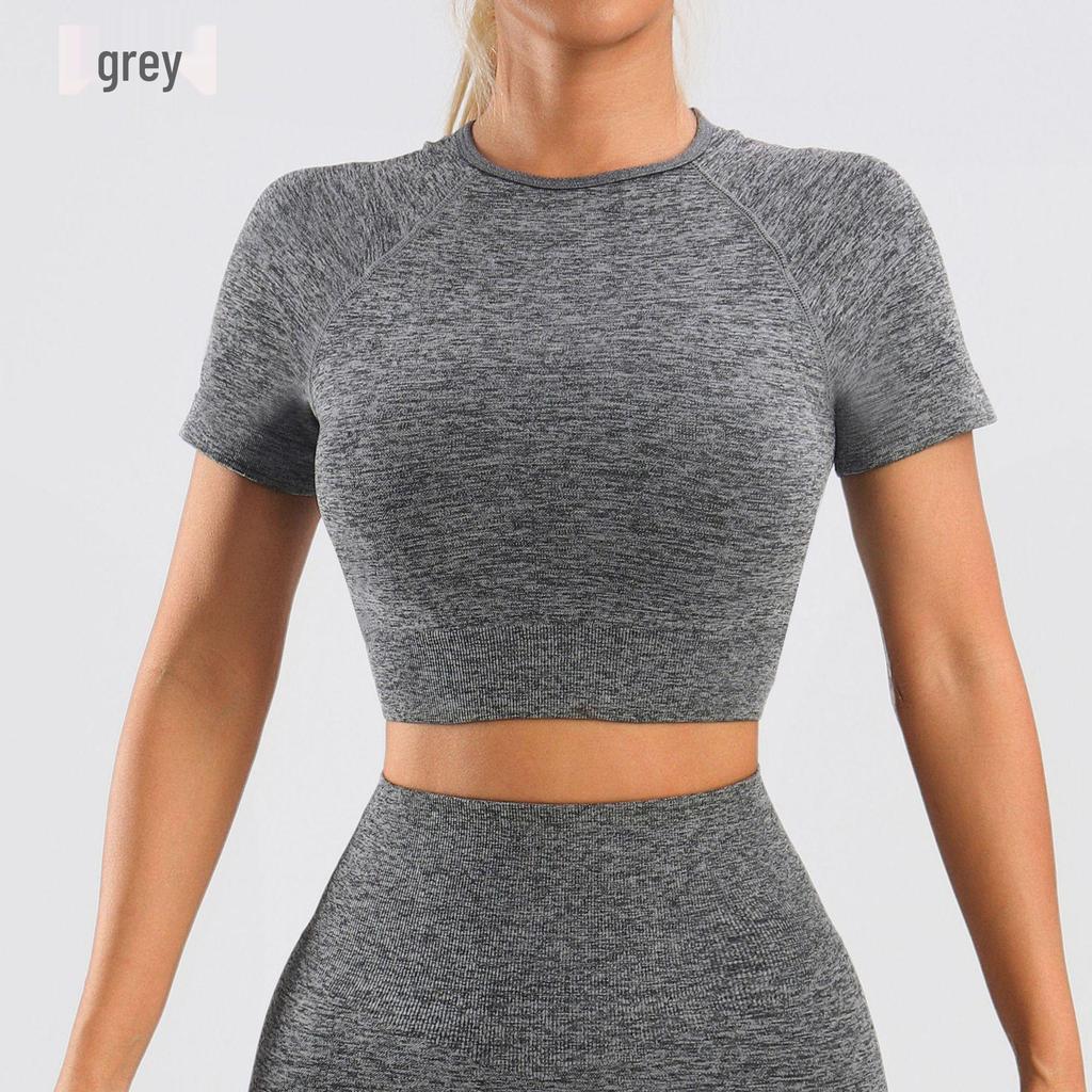 Seamless Knit Slimming Bodycon Yoga Top - Short Sleeve, Small Round Neck, Solid Color Fitness Wear