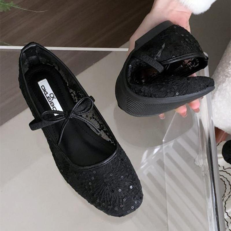Fashion Mesh Lace Breathable Ballet Flats Women Sweet Bow Embroidered Mary Jane Shoes Summer Fashion Comfort Designer Brand Beach Sandal