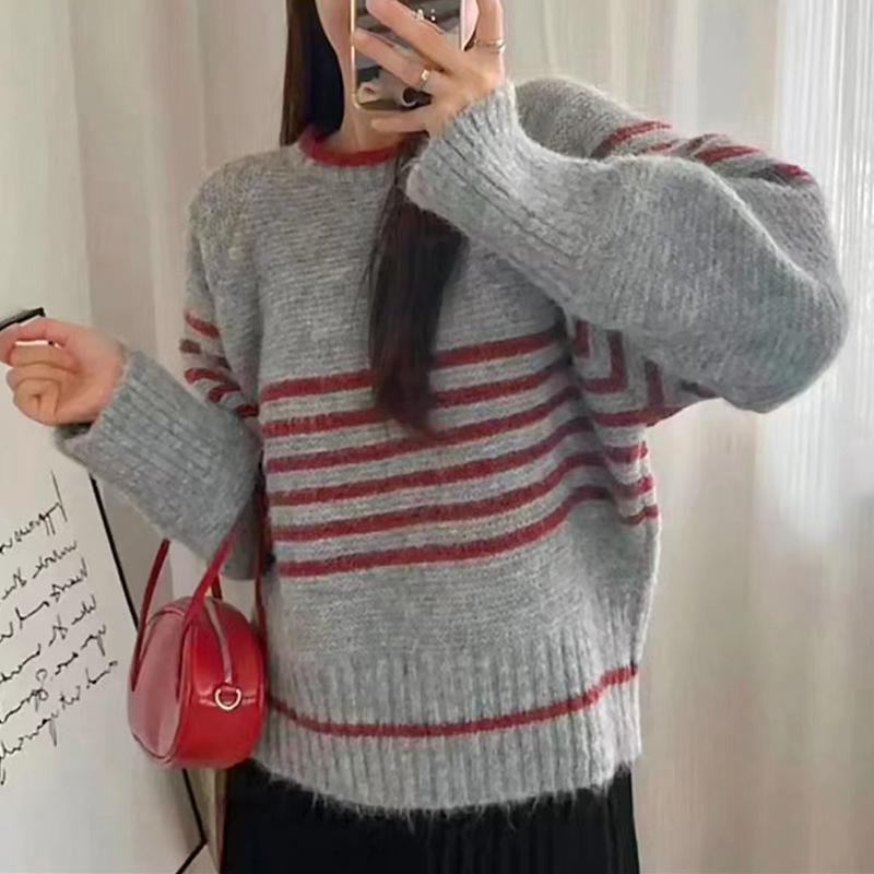 Korean Style Striped Pullover Sweater for Women - Soft, Fluffy, Round Neck, Versatile Knitwear for Autumn/Winter
