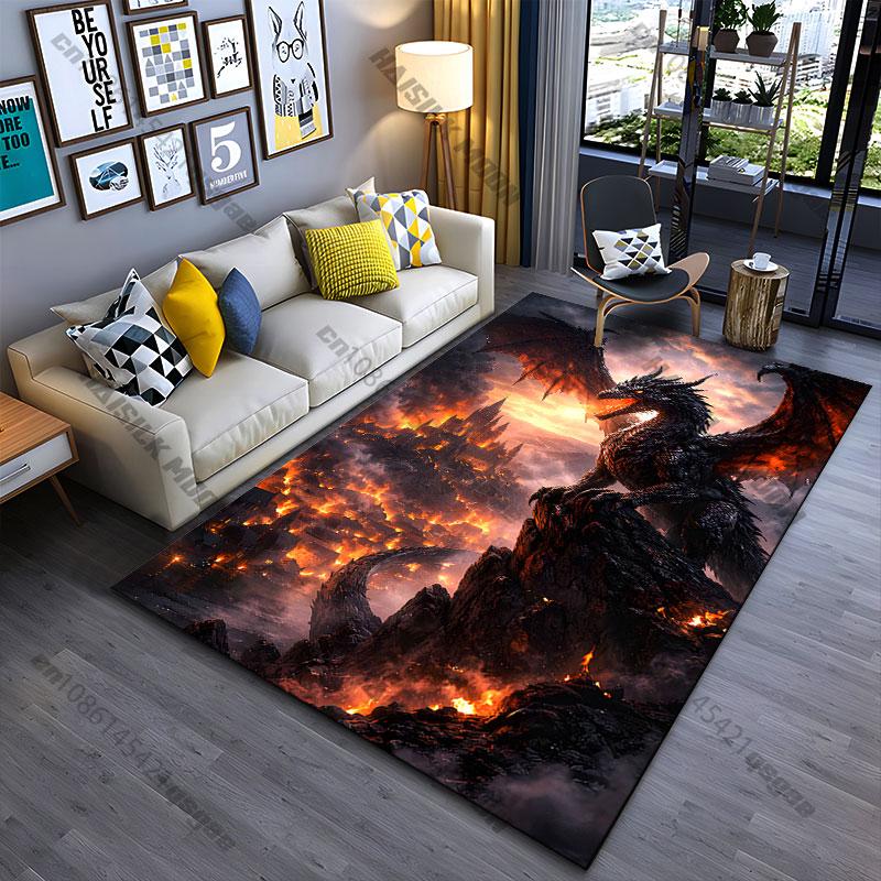 Dragon destruction fire chaos city carpet Yoga living room room decor children's crawling mat doormat area rug games mat