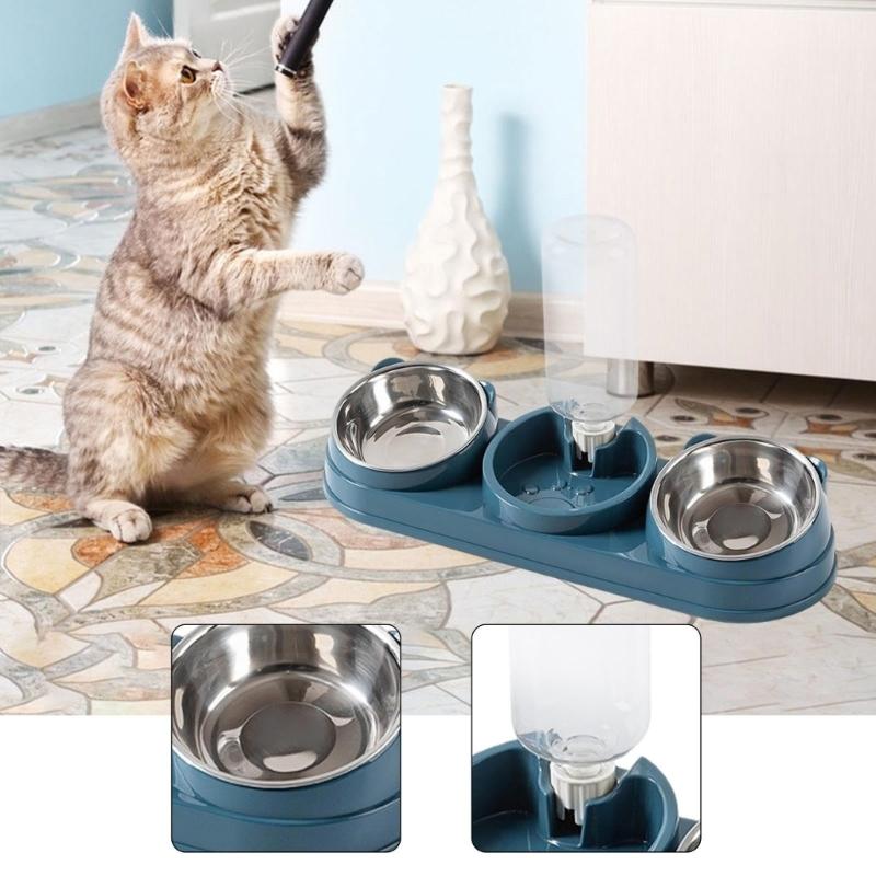 Double Bowl Pet Food Water Dish Feeder For Dog Cats Daily Feeding with Automatic Water Dispenser For Pet Dry Wet Food