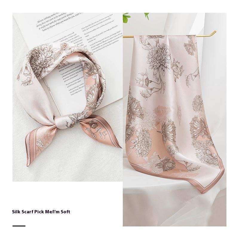 53Cm spring and summer new temperament women's 100% mulberry silk printed silk scarf fashion versatile high-end scarf shawl