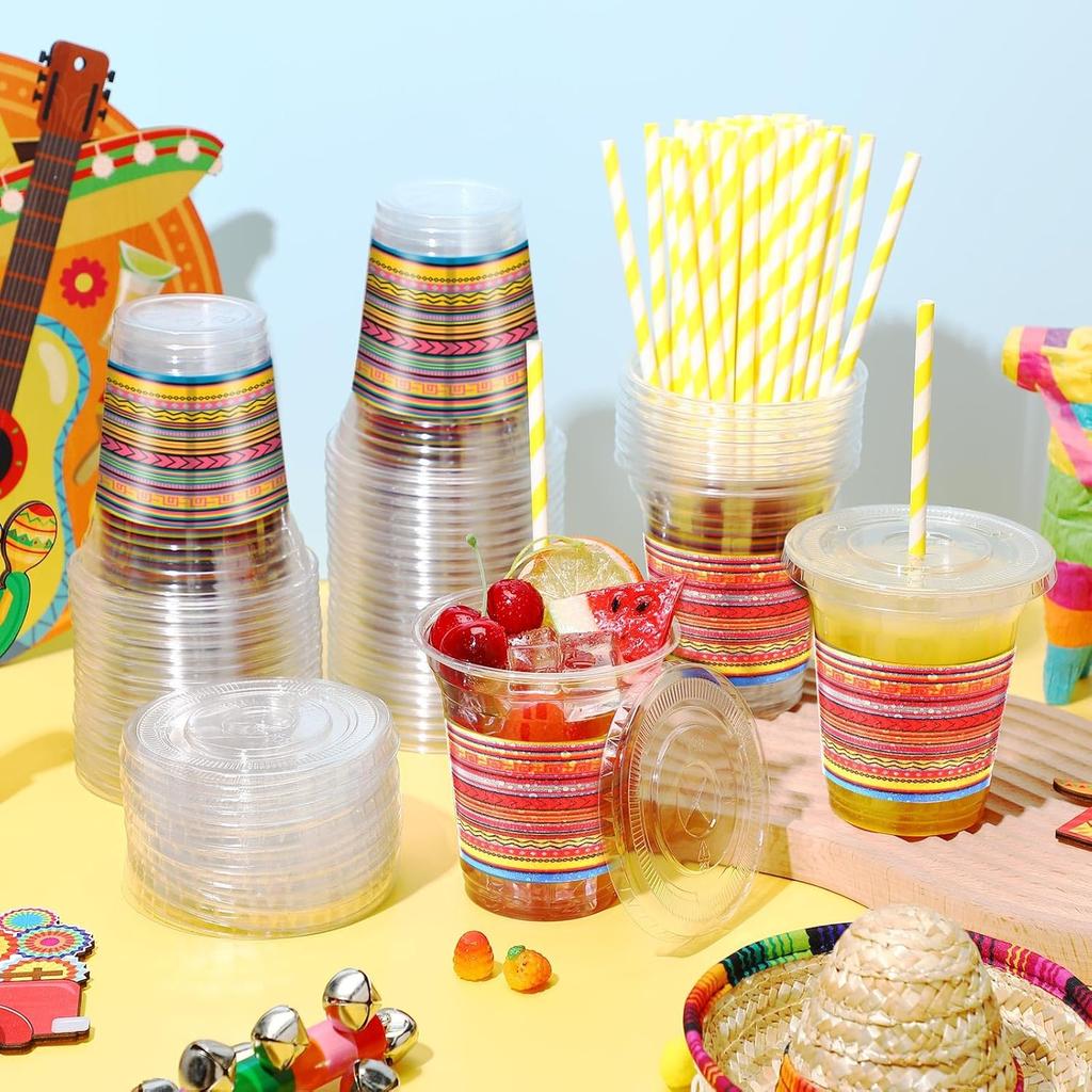 50 Pack 12 oz Fiesta Plastic Cups with Lids and Paper Straws Mexican Clear Disposable Cups Bulk Cinco De Mayo Party Decorations for Fiesta Taco