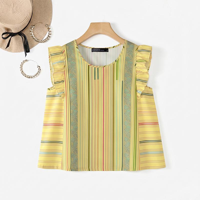 ZANZEA Women Summer Casual Round Neck Stripe Print Sleeveless Vest Tops S