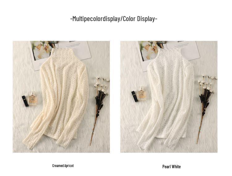Brushed Lace High-Neck Mesh Top for Women - Trendy Autumn/Winter Layer