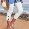women's Solid Color Elastic Mid Waist Capri Leggings Button Slit Slim Fit Cropped Pants