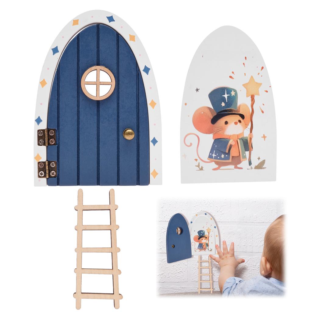 Cartoon Elf Door Fairy Door Kit with Ladder Natural Wood Elf Door Kit for Children's Room Wall Bookshelf Tree Garden Decoration