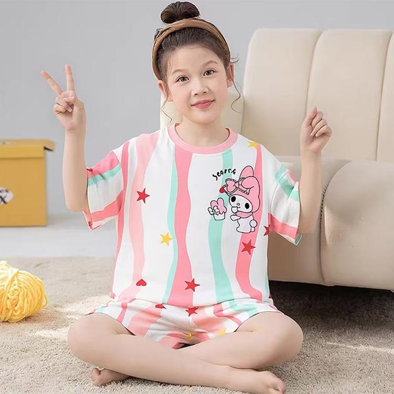 Cartoon Girls' Short-Sleeve Summer Pajama Set for Medium To Large Children - Two-Piece Air Conditioning Suit