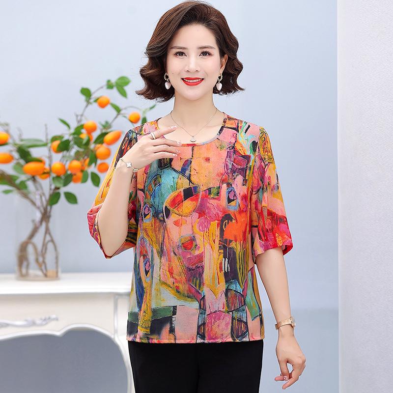 

Stylish Jacquard Silk Top - Women s Five-Point Sleeve Summer Wear XL (100-110 lbs recommended)