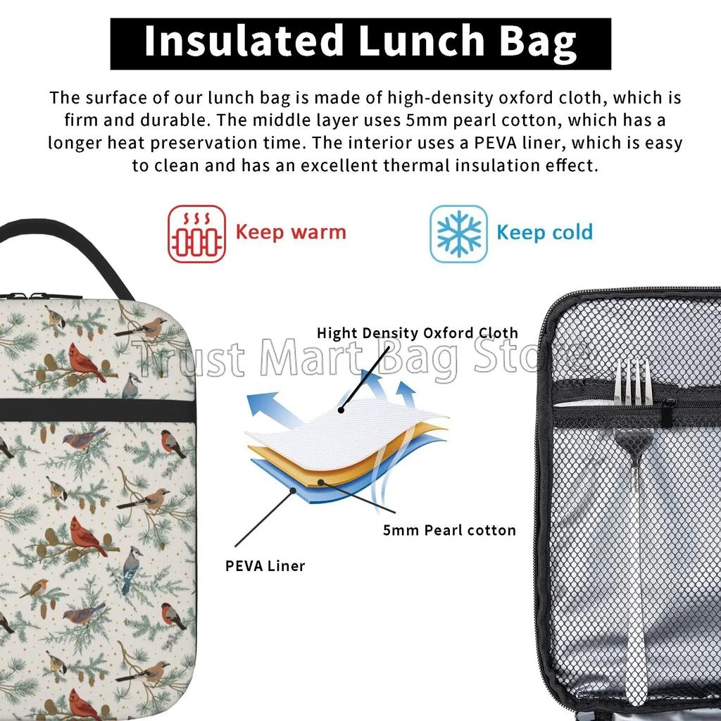 Vintage Tree Cardinal Insulated Lunch Bag Reusable Waterproof Cooler Thermal Bento Tote for Women Boys Girls Work School Picnic