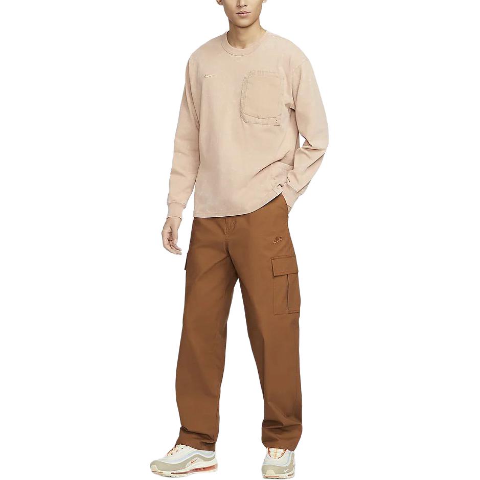 Nike Sportswear Premium Logo Embroidered Crew Neck Casual Long Sleeve T-Shirt Men Tops Light-Khaki FZ6563-200