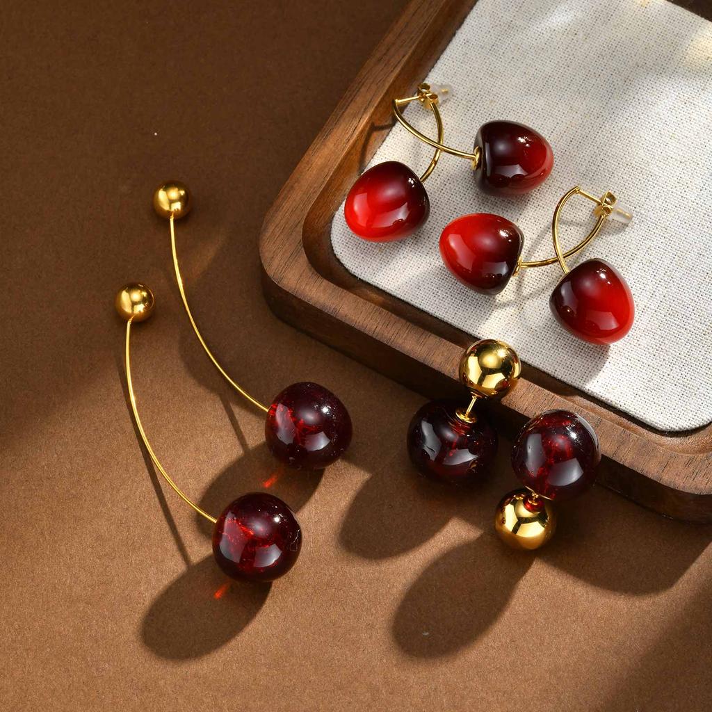 Sweet Cherry Earrings for Women, Stainlesss Steel Cherry Dangle Earring Kpop Jewelry Trendy Accessories