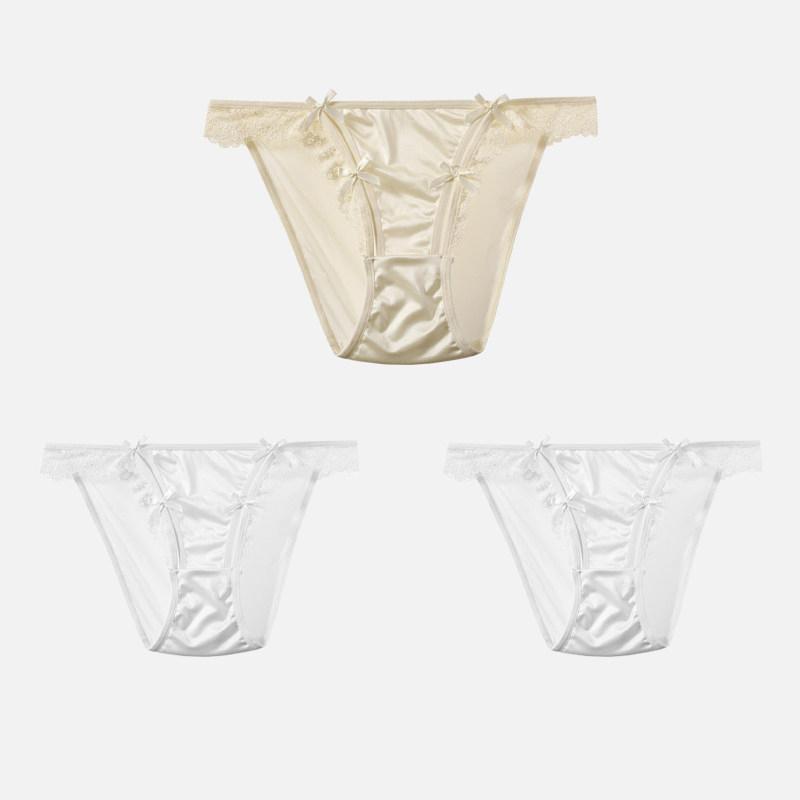 CINOON 3Pcs/Lot Women's Satin Sexy Briefs Lace‑Trim Mesh Spliced Panties Bow‑decor Solid‑Color Hollow‑out Bikini Briefs