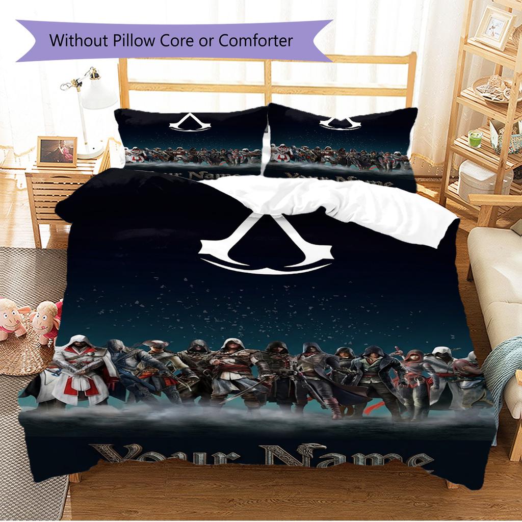 Name Custom Assassin Creed Pattern Bedding Set Quilt Cover Pillowcase Home Decor Gift (1 * Duvet Cover + 2 * Pillowcase, Without Core)