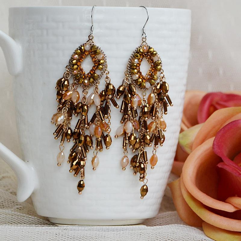 

Серьги с бахромой из стекла, инкрустированные бриллиантами, ретро этнический стиль, темперамент, ушные крючки, нишевая легкая роскошь, высококлассные, универсальные серьги.