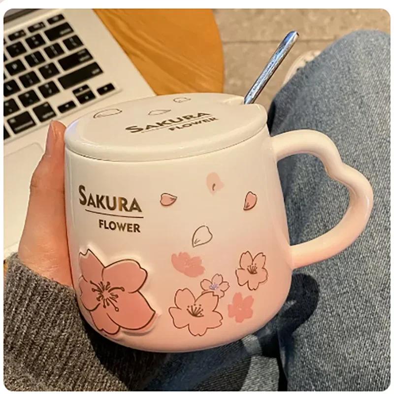 New High Beauty Mug with Lid Spoon Sakura Powder Household Lovely Breakfast Lovers Milk Coffee Mug Ceramic Mug