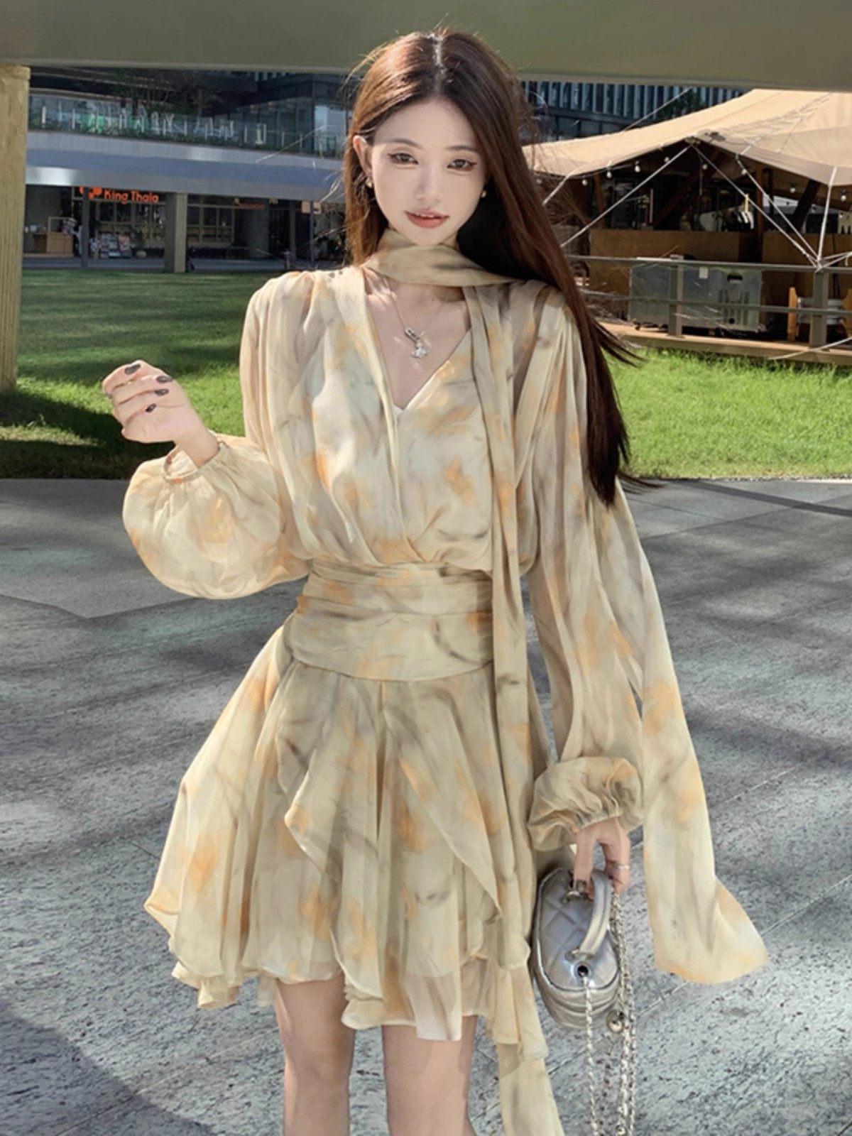 

2026 Plus Size French Long Sleeve A-Line Dress: Gentle, Tummy-Concealing, Hip-Hugging Autumn Style for Women 2XL [125-140 jin]