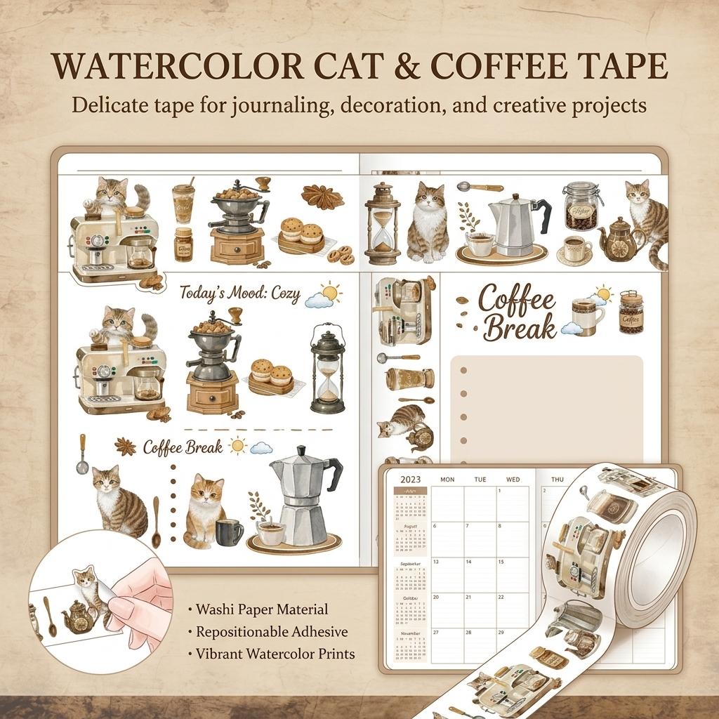 Washi Tape Retro Coffee Cat Pattern 5cmx2m for Journal Decoration Scrapbooking and DIY Crafts