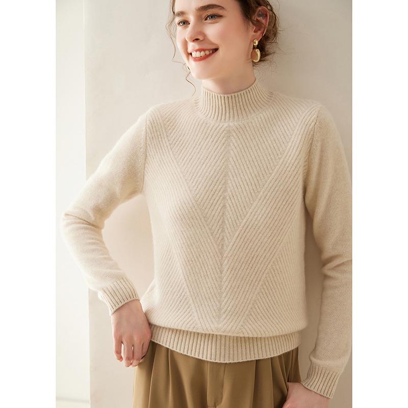 Women's Pure Cashmere Semi-High Neck Solid Color Thick Pullover Sweater for Autumn and Winter