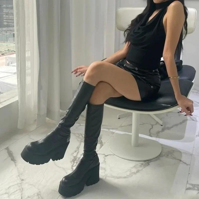 Fashion Women Boots Brand Gothic Boot for Womens Sexy Chunky Platform Soft Leather Long Boots Walking Comfy Sole Boots Women