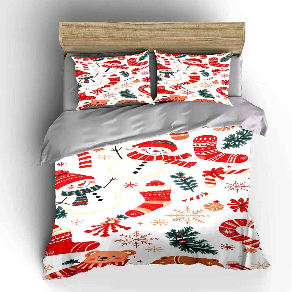 Christmas Snowman and Bear Pattern Bedding Duvet Cover Set Duvet Cover Pillowcases (1*Duvet Cover 2*Pillowcases, without duvet insert)