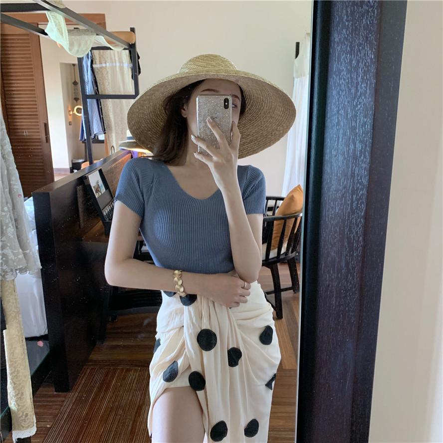 Sommer Slim Dünnes V-Ausschnitt Unterhemd Retro Kurzarm T-Shirt Hundert Gestrickte Pullover Tops Damen Linie Kleidung Lässige Slim Fit Pullover T-Shirts