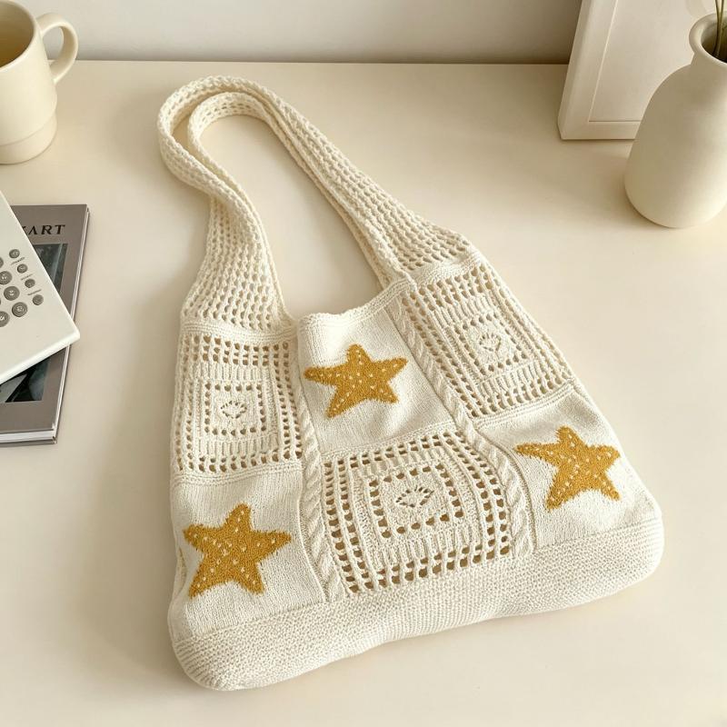 Crochet Beach Tote Bag Hollow Out Ocean Pattern Breathable Reusable Shoulder Bag for Vacation Shopping Daily Commute