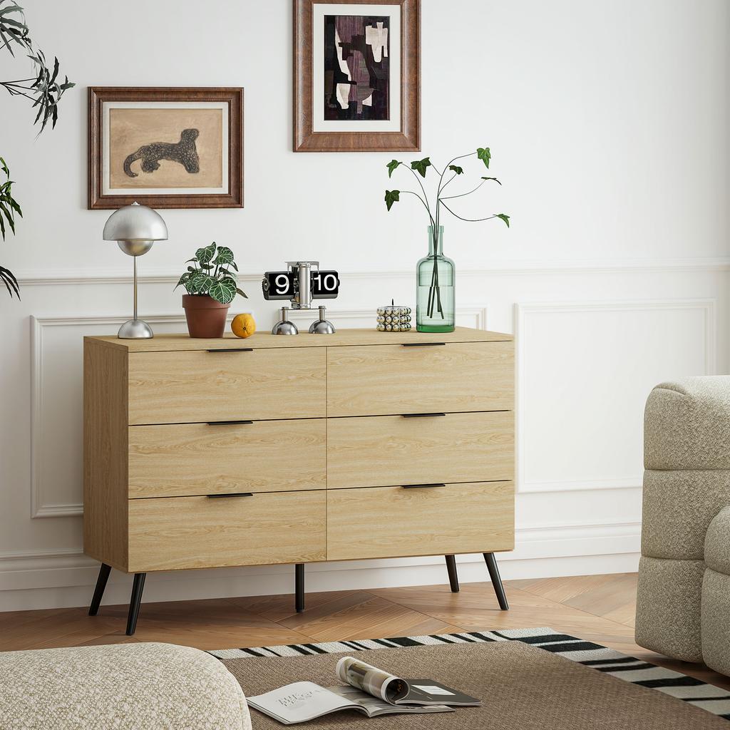 6-Drawer Chest Modern Chest of Drawers for Bedroom with Anti-Tip Design 110L x 40W x 75H cm Wood Look