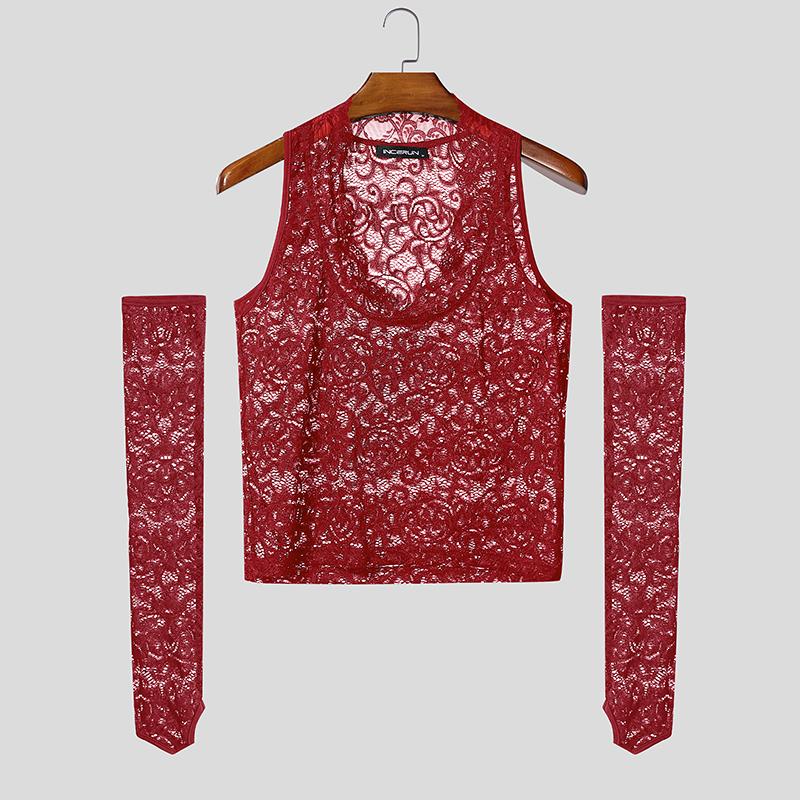 INCERUN Men V Neck Oversleeve Lace See Through Party Club Cropped Tank Tops