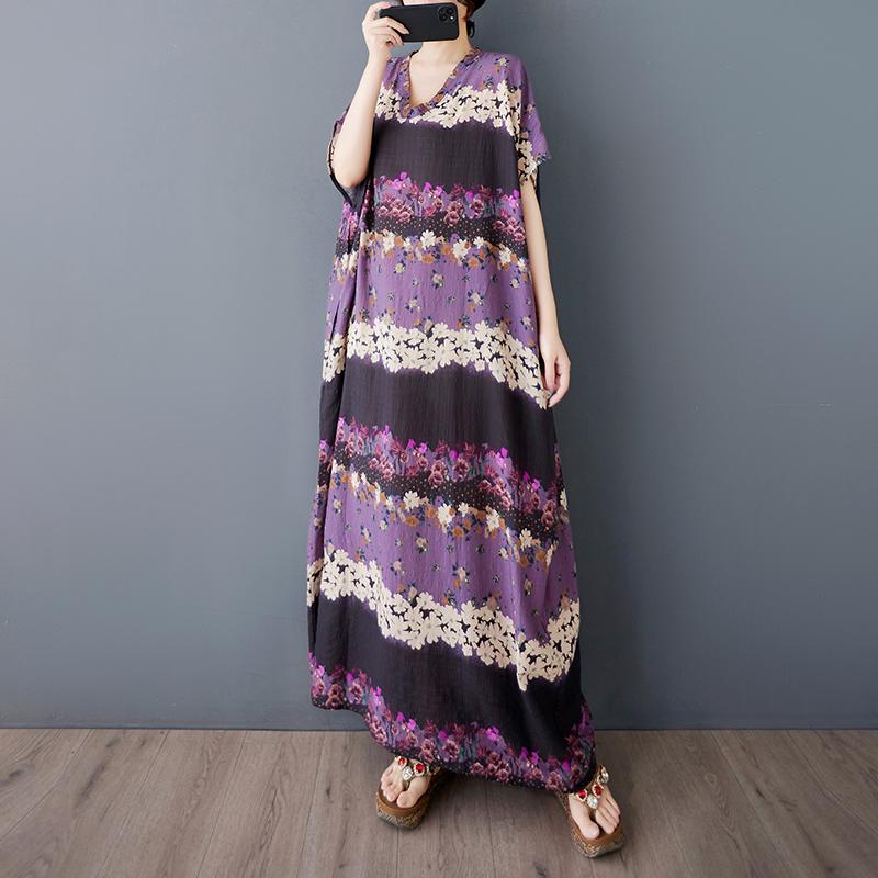 

DIMANAF 2025 Summer Plus Size Dress Women Casual Vintage Long Dress Loose Basic Cotton Floral Printing Dress One Size фиолетовый