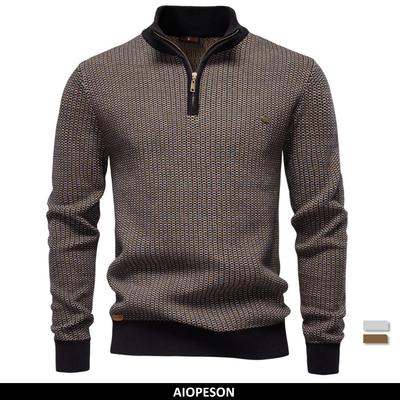 AIOPESON Klassiek Gestreept Breisel Heren Katoenmix Trui Mock Neck Warm Verdikt Old Money Luxe Wintertruien voor Heren