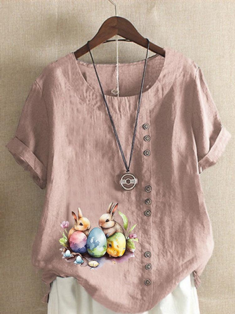Women's Fashion Rabbit Print Casual Cotton Linen Short Sleeve Round Neck T-shirt Shirt Leisure Loose Summer Blouse Tops
