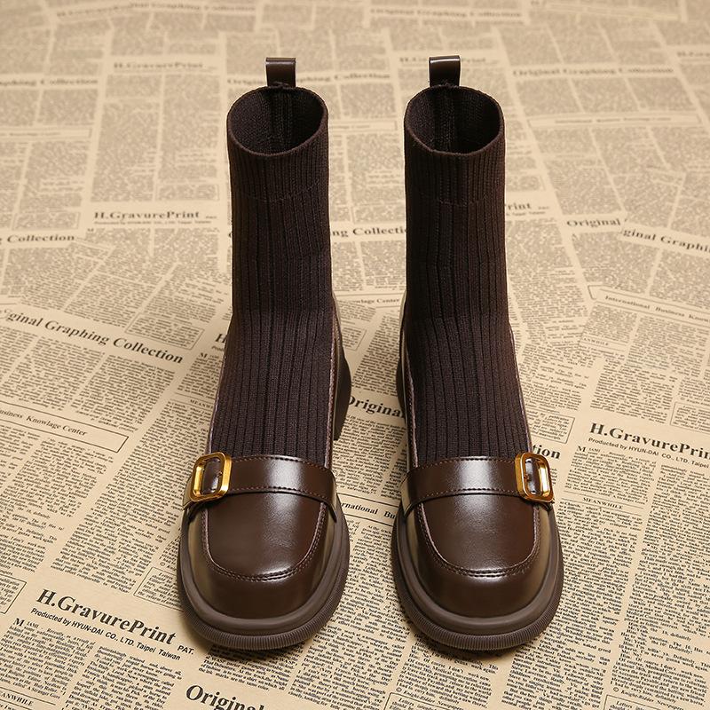 Leather elastic socks boots women's new spring and autumn single boots knitted socks boots thin fried street short boots