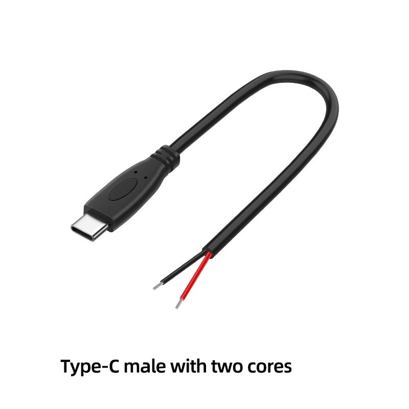 USB Type-C Male to Female Cable 2 Core Open End PVC Jacket 3A Fast Charging Tinned Copper Conductor 0.25m