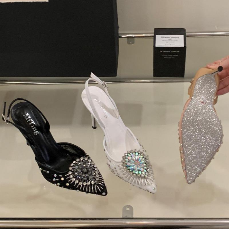 Fashion Sexy Pointed Toe Crystal Women Pumps Street Style Thin High Heels Buckle Strap Sandals Elegant Party Stripper Mule Shoes Zapatos