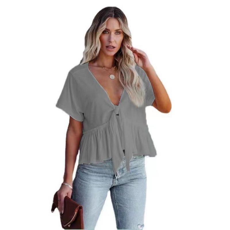 Women s V-Neck Tie Front Ruffle Hem Casual Short Sleeve Blouse S серый