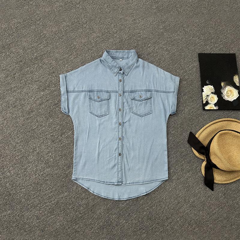 

Ретро джинсовый топ-майка, маленькая рубашка, летняя одежда, повседневный свободный женский топ, универсальная джинсовая рубашка с коротким рукавом XL светло-синий