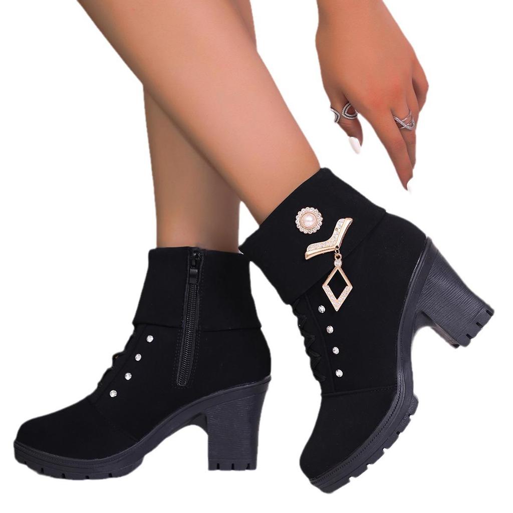 Plus Size Rhinestone Martin Boots 2024: High Heel, Warm Cotton, Side Zipper Women's Fashion Boots for Autumn/Winter