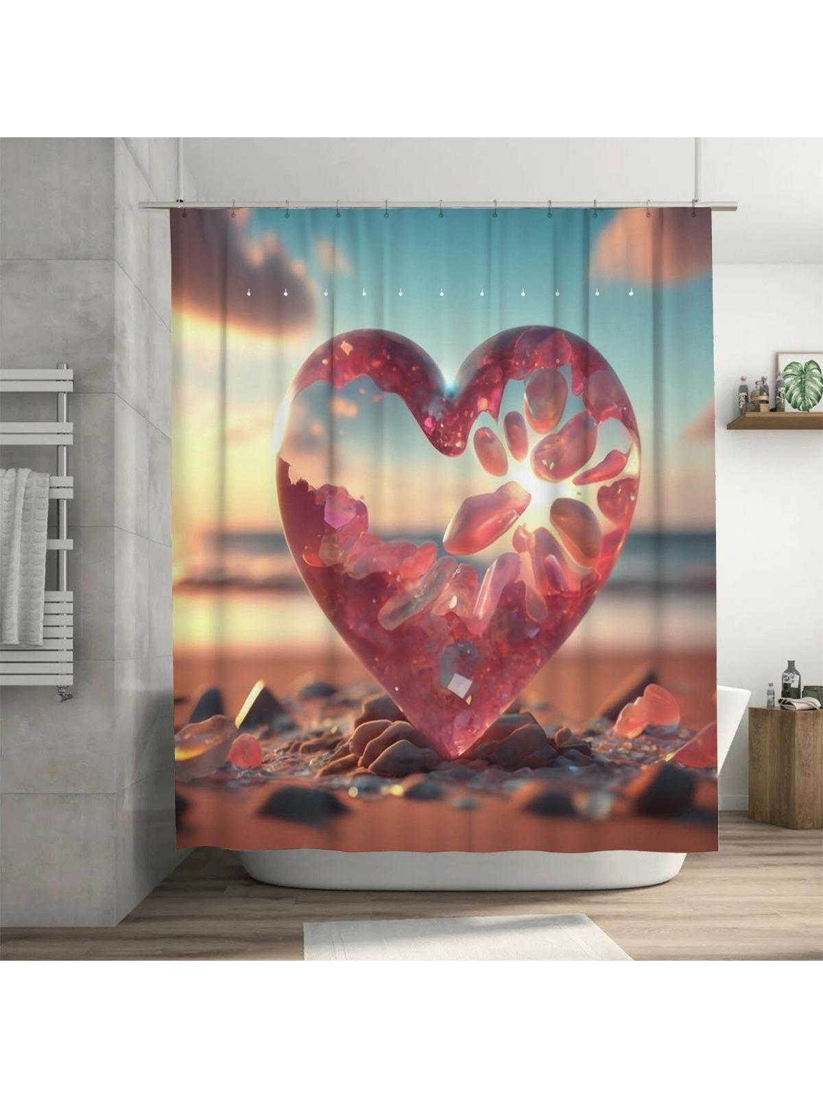 3D Crystal Heart Shower Curtain | Romantic and Beach-Inspired Bathroom Decor 90X180cm