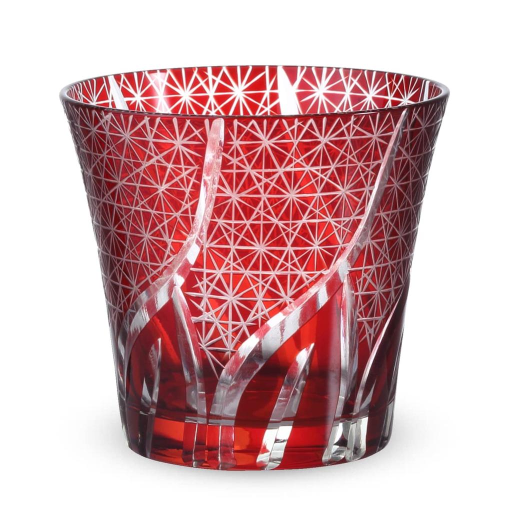 Nostalgia Kiriko Glass Ranbori Komon Bisho J-kitchens Cup, 94xH85mm, 240cc, (Small Pattern), Red, (Current Model)